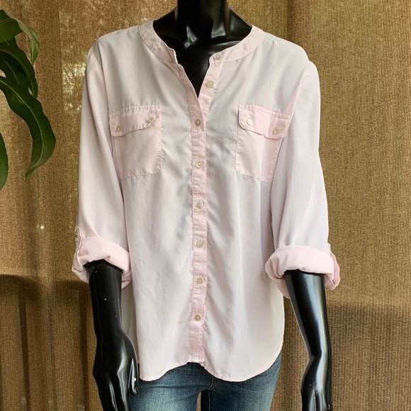 Chicos Collarless Roll Up long Sleeve Top - Picture 7 of 12